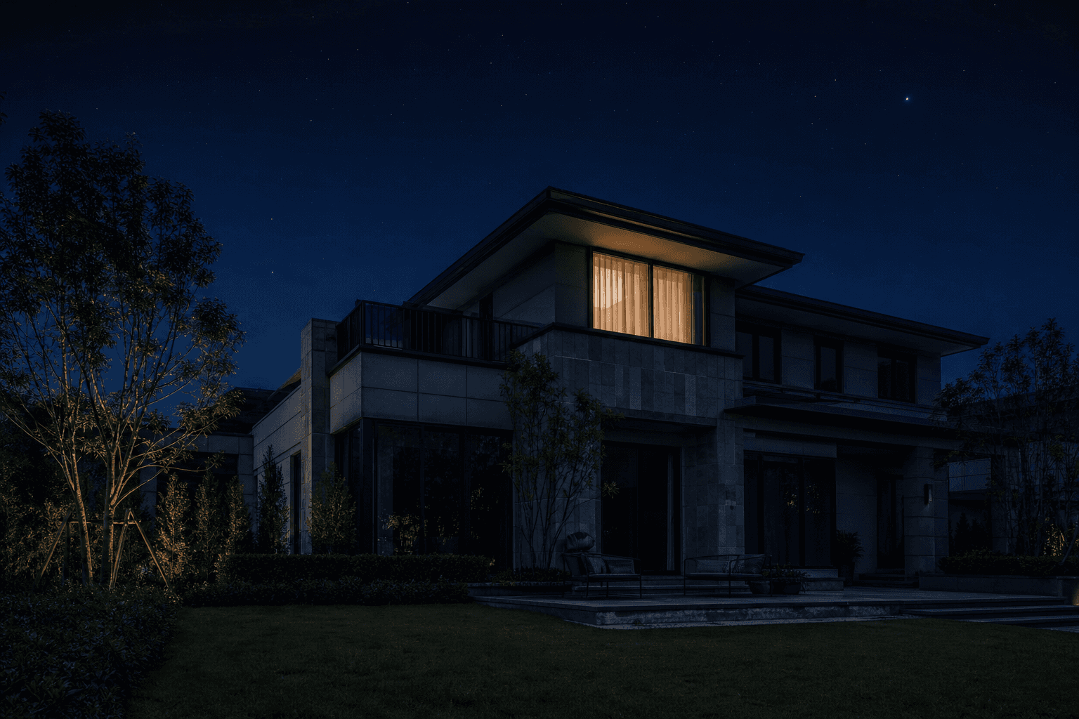 The same villa late at night, dark and quiet, with one upstairs window softly lit